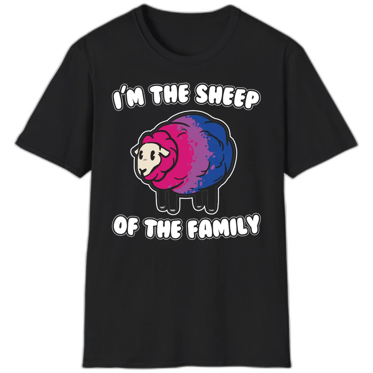 Colorful cartoon sheep with gradient pink, purple, and blue wool, text reads 'I'm the sheep of the family' in Black
