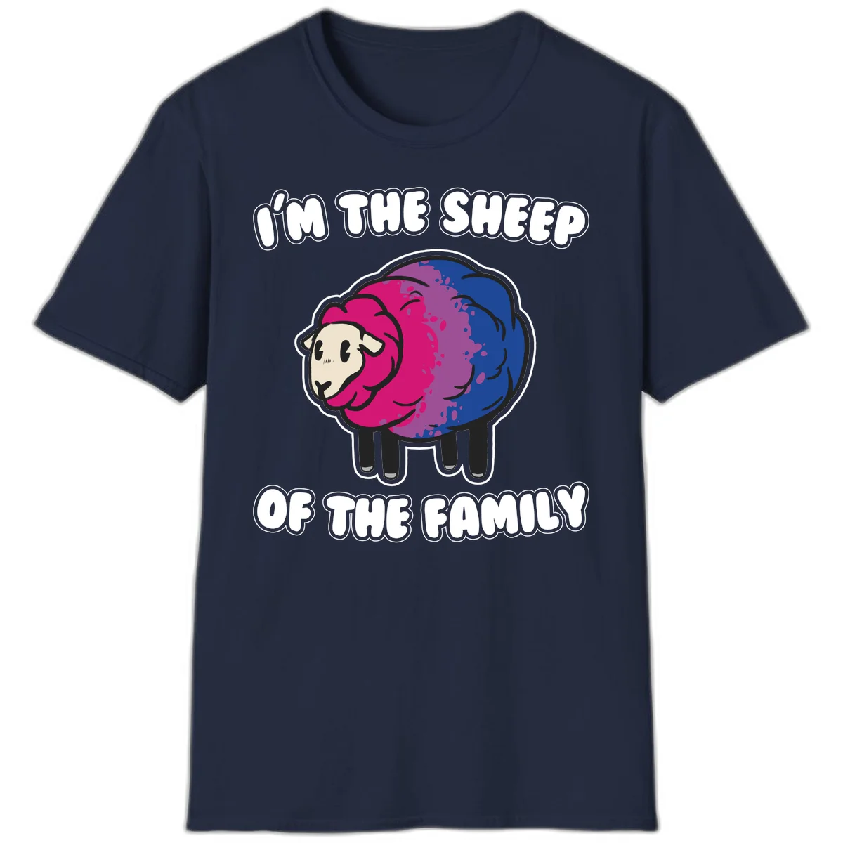 Colorful cartoon sheep with gradient pink, purple, and blue wool, text reads 'I'm the sheep of the family' in Navy