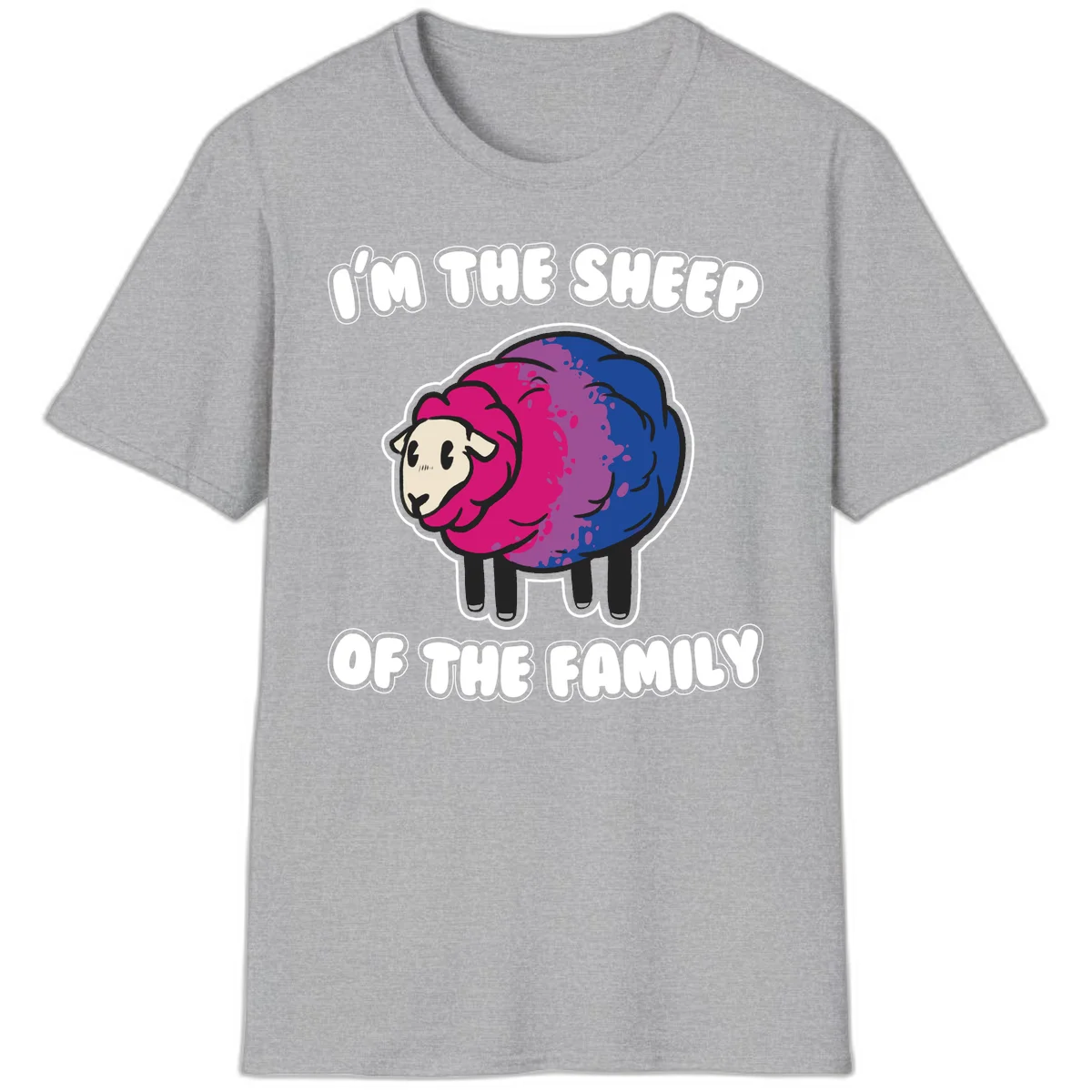 Colorful cartoon sheep with gradient pink, purple, and blue wool, text reads 'I'm the sheep of the family' in Sport Grey