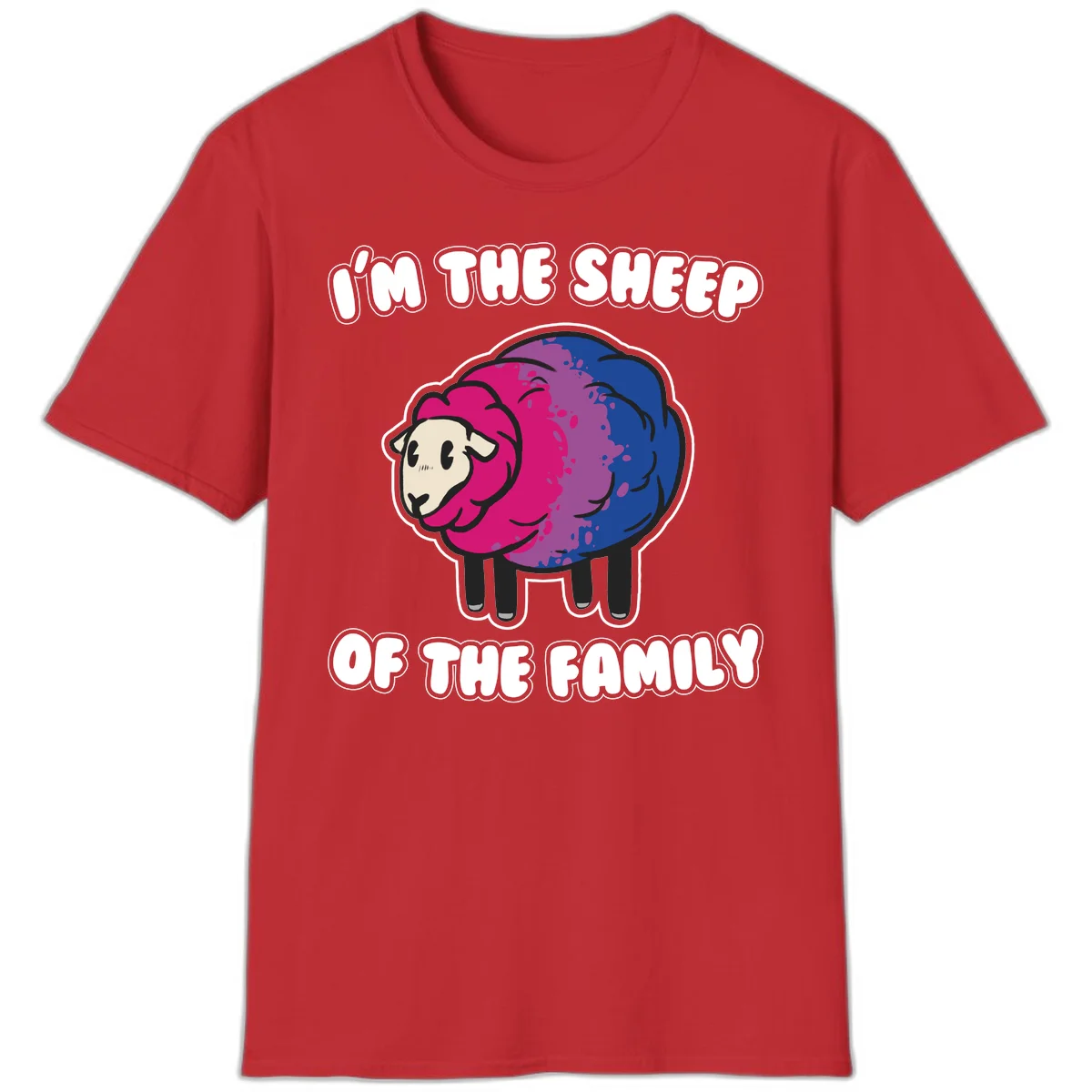 Colorful cartoon sheep with gradient pink, purple, and blue wool, text reads 'I'm the sheep of the family' in Red