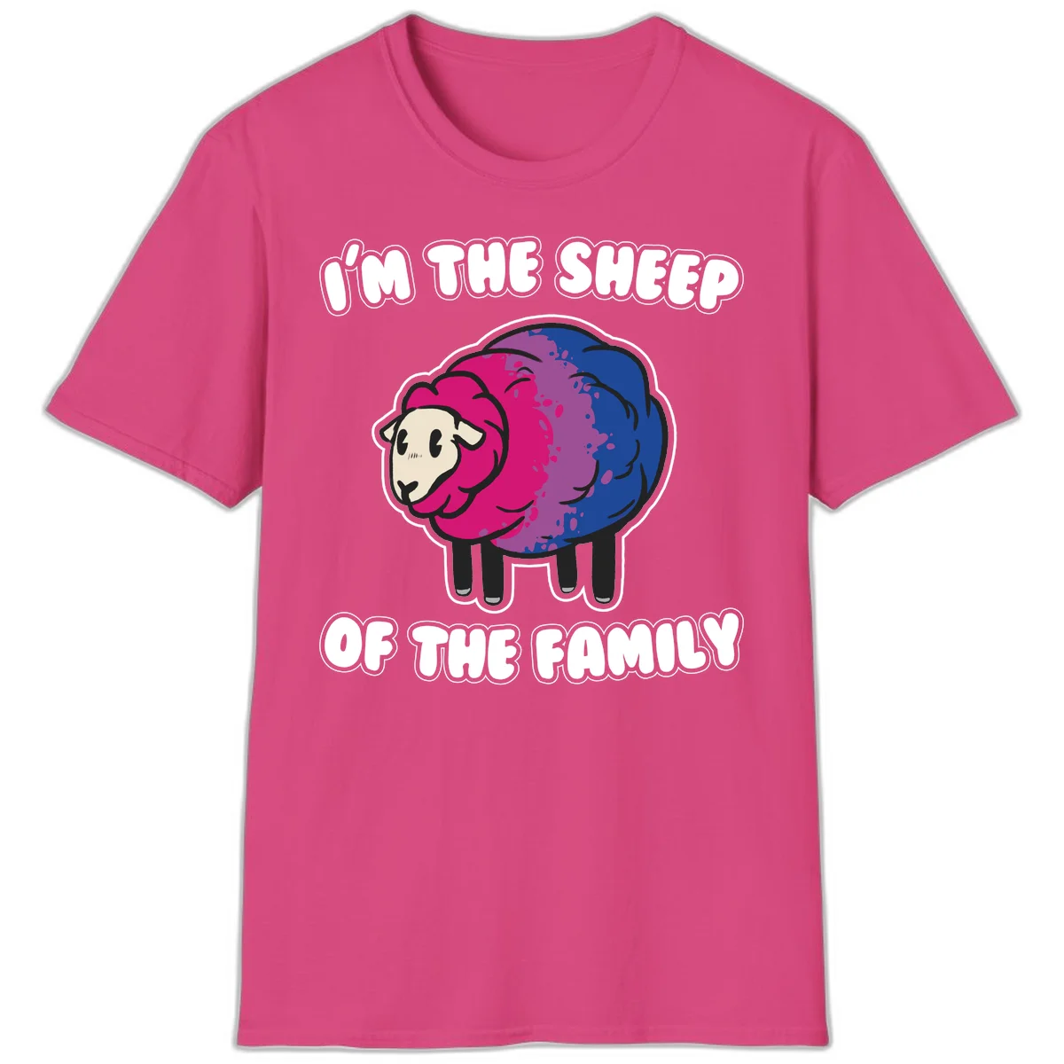 Colorful cartoon sheep with gradient pink, purple, and blue wool, text reads 'I'm the sheep of the family' in Heliconia