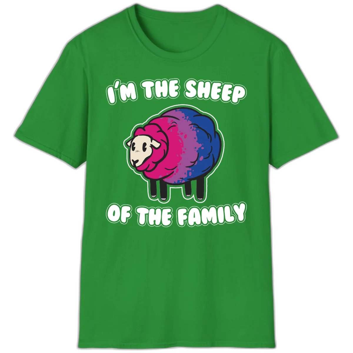 Colorful cartoon sheep with gradient pink, purple, and blue wool, text reads 'I'm the sheep of the family' in Irish Green