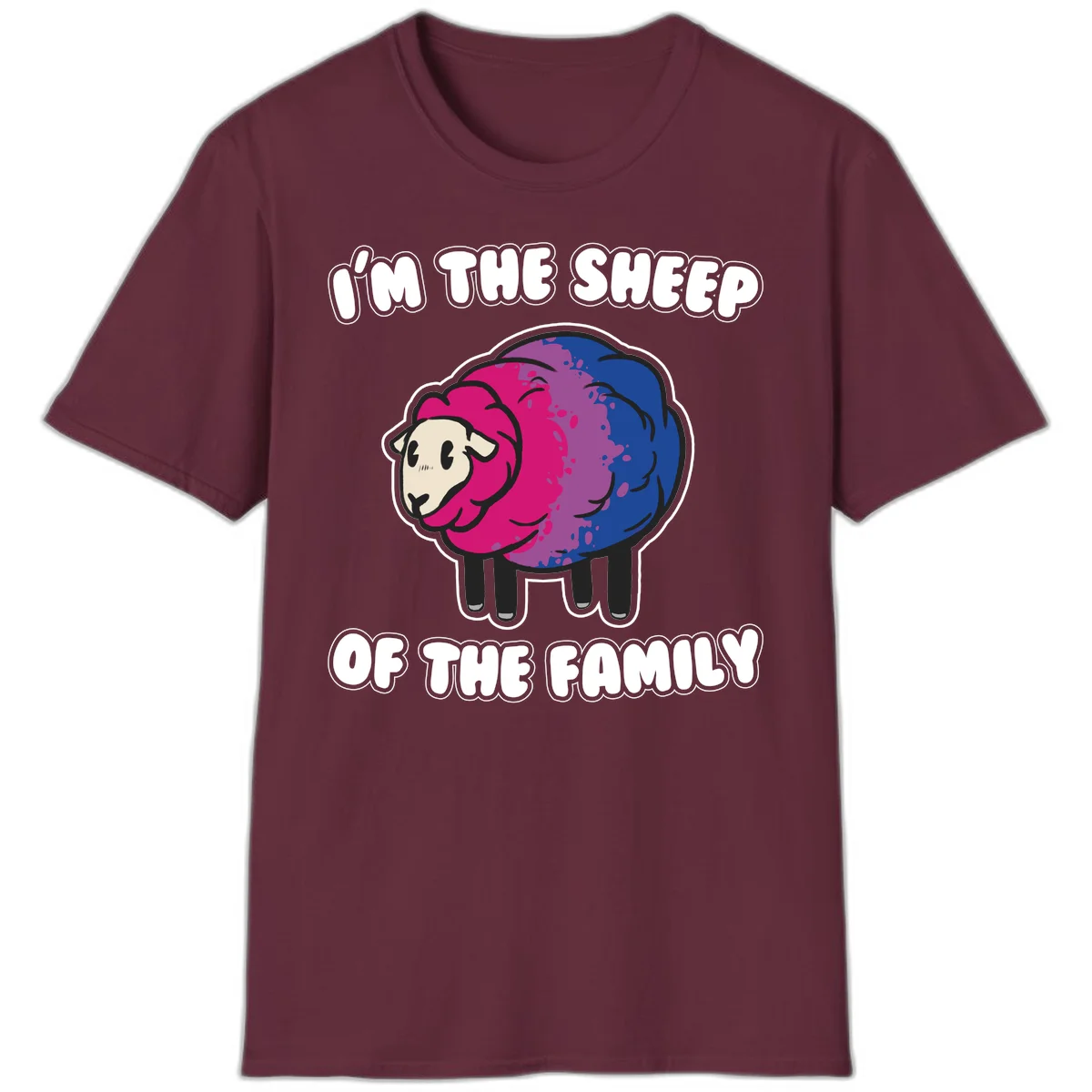 Colorful cartoon sheep with gradient pink, purple, and blue wool, text reads 'I'm the sheep of the family' in Maroon