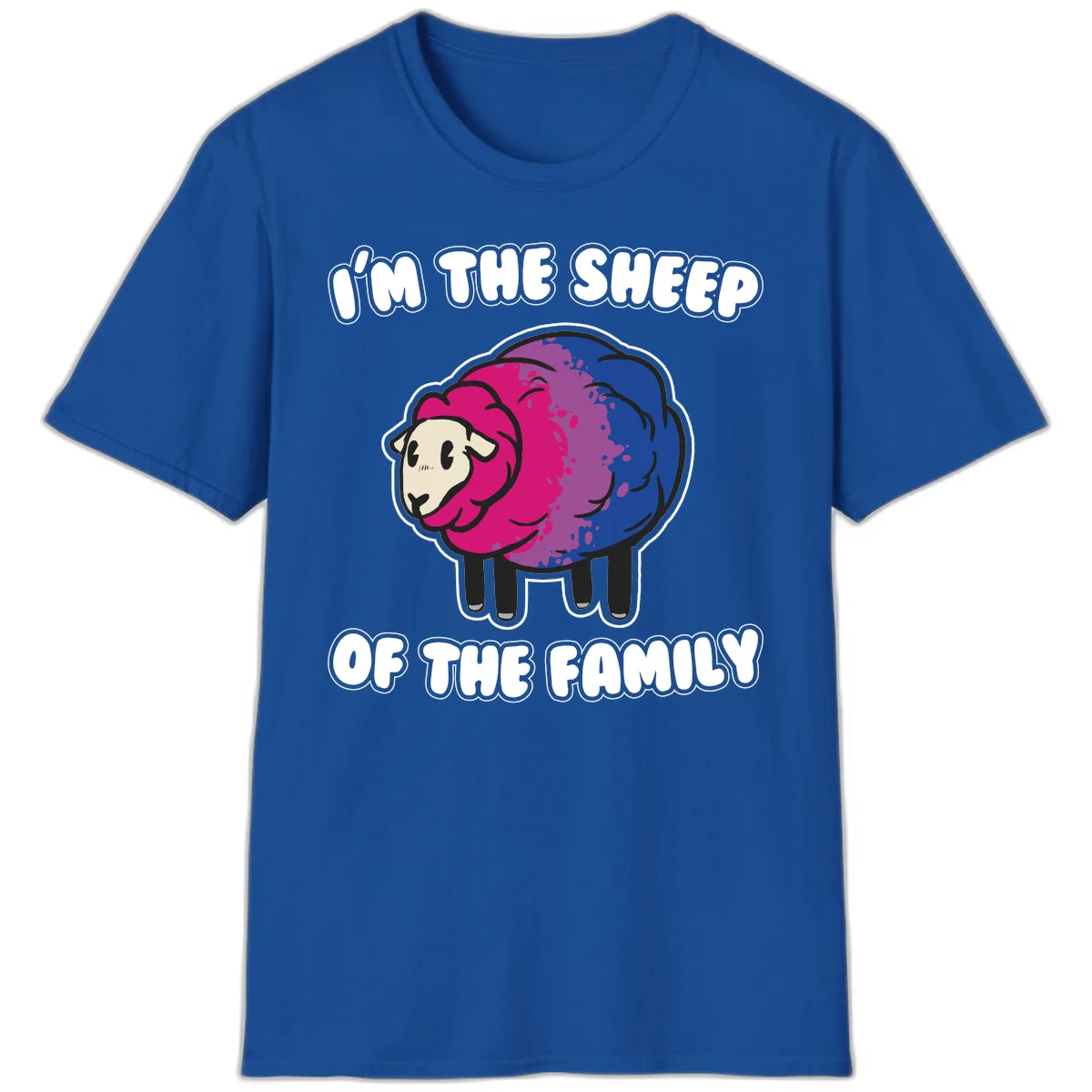 Colorful cartoon sheep with gradient pink, purple, and blue wool, text reads 'I'm the sheep of the family' in Royal
