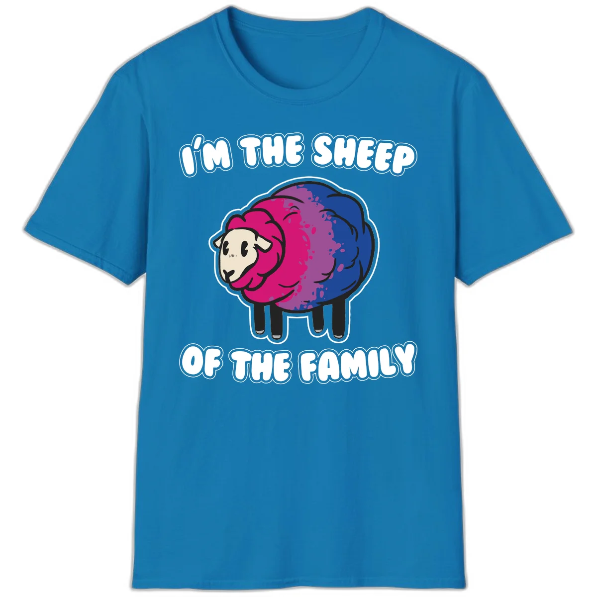 Colorful cartoon sheep with gradient pink, purple, and blue wool, text reads 'I'm the sheep of the family' in Sapphire