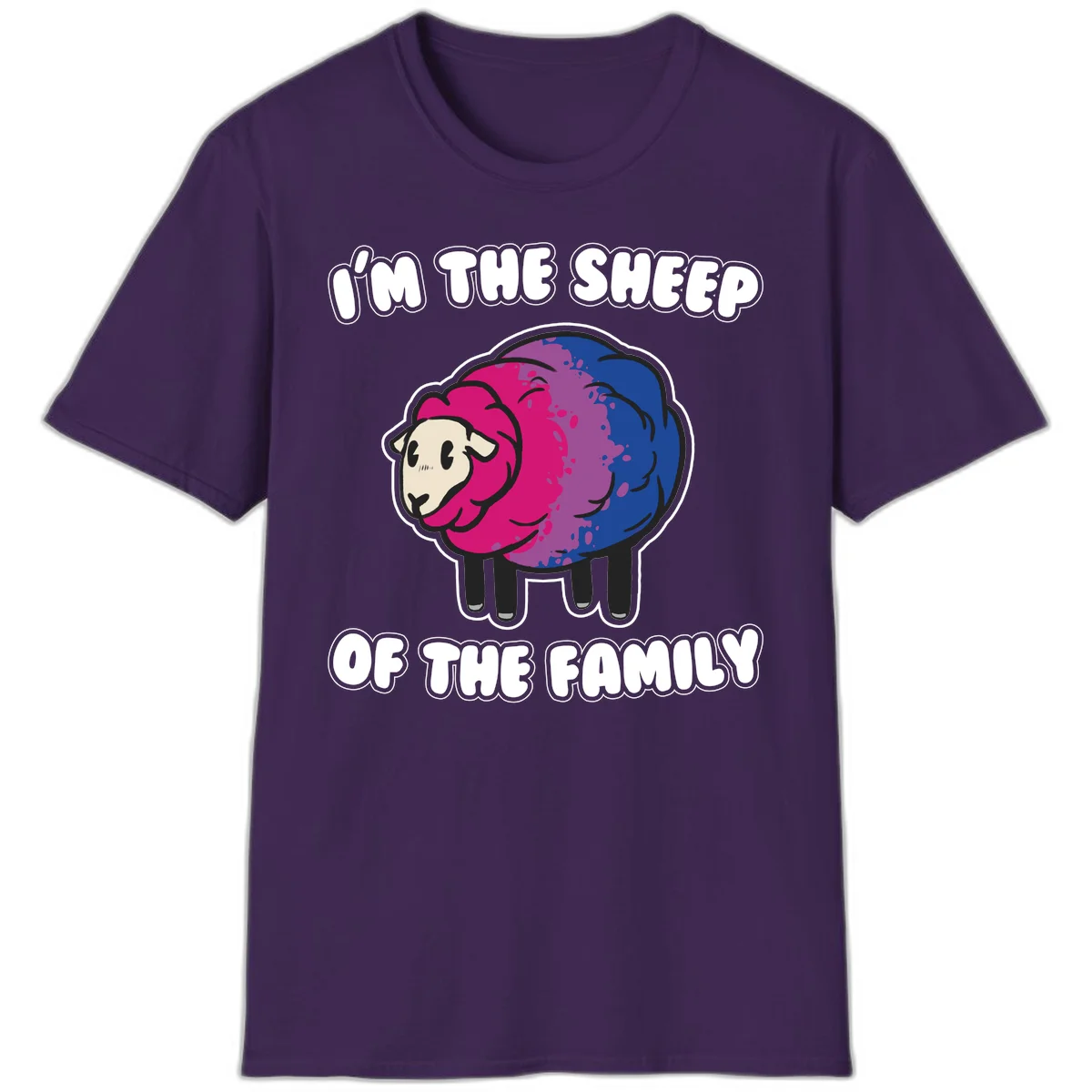 Colorful cartoon sheep with gradient pink, purple, and blue wool, text reads 'I'm the sheep of the family' in Purple