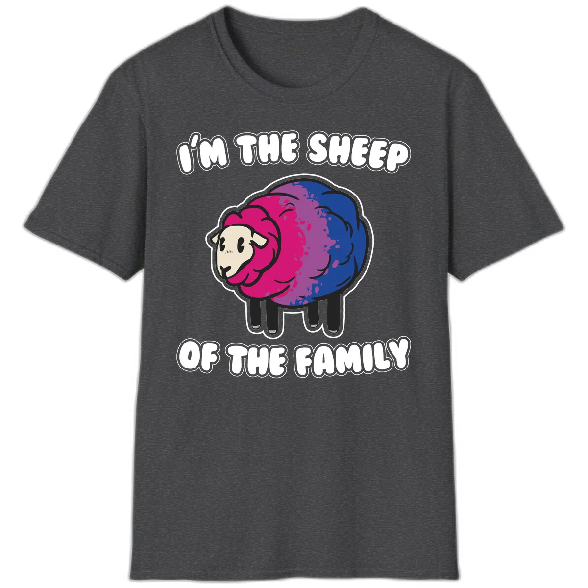 Colorful cartoon sheep with gradient pink, purple, and blue wool, text reads 'I'm the sheep of the family' in Dark Heather