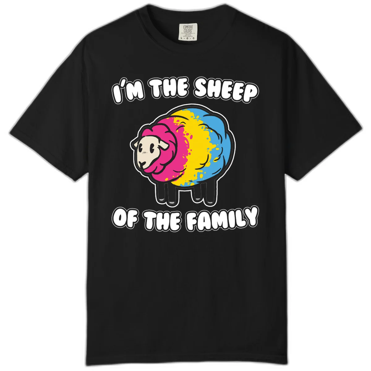 Colorful cartoon sheep with rainbow wool and text 'I'm the sheep of the family' - humorous family joke design in Black