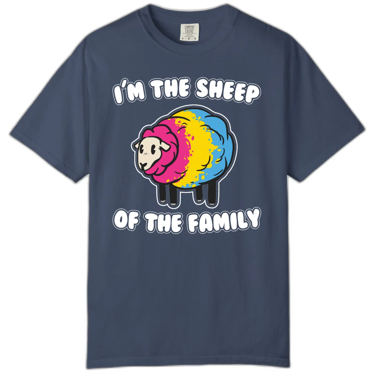 Colorful cartoon sheep with rainbow wool and text 'I'm the sheep of the family' - humorous family joke design in Midnight
