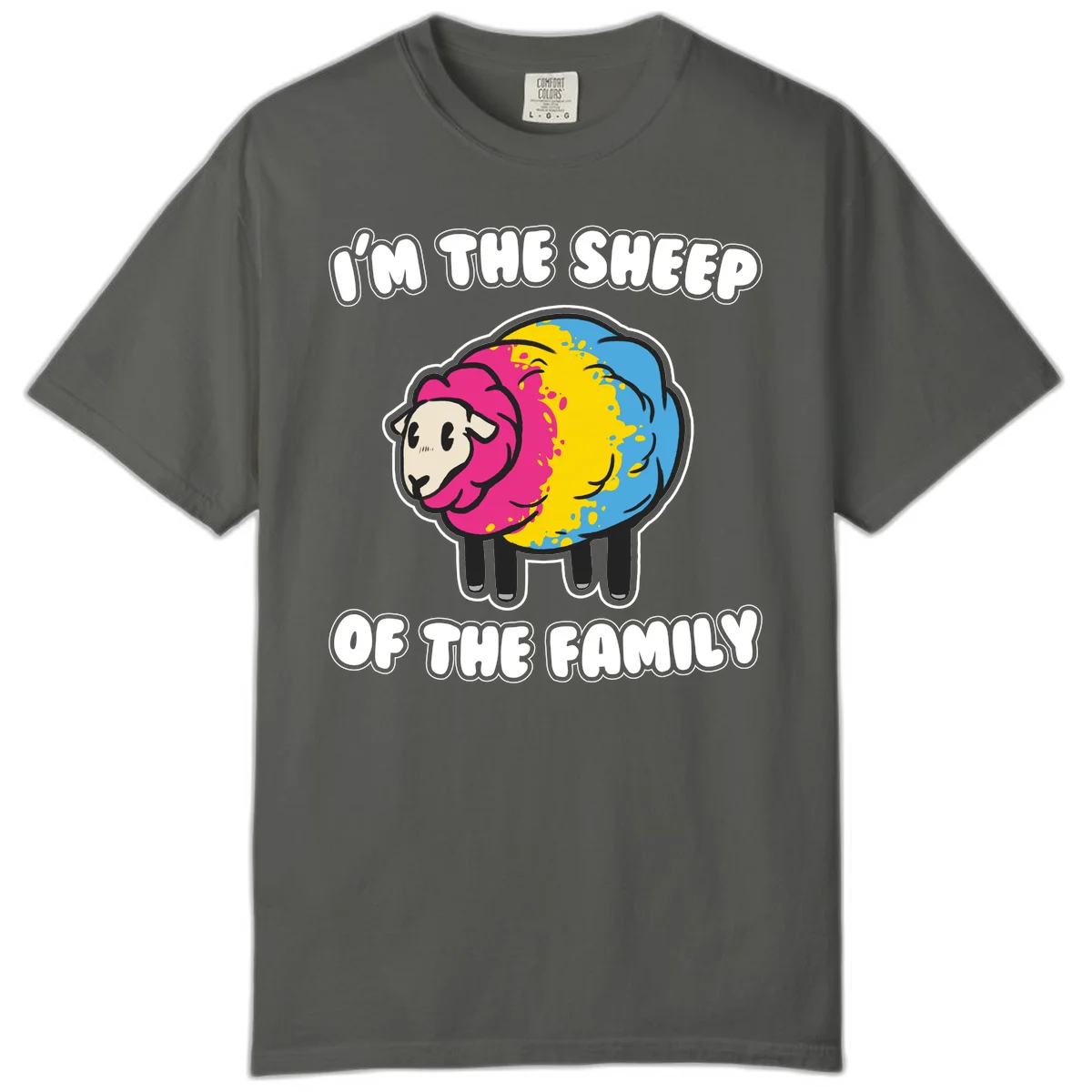 Colorful cartoon sheep with rainbow wool and text 'I'm the sheep of the family' - humorous family joke design in Pepper