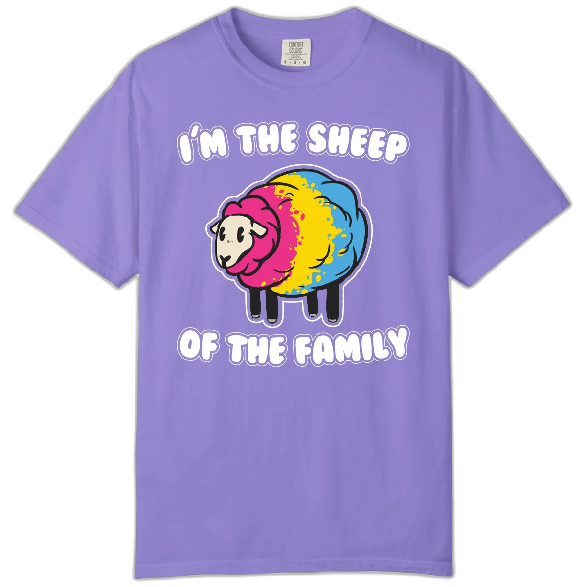 Colorful cartoon sheep with rainbow wool and text 'I'm the sheep of the family' - humorous family joke design in Violet