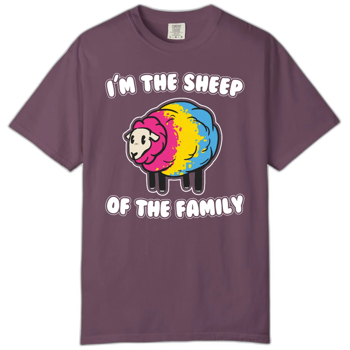 Colorful cartoon sheep with rainbow wool and text 'I'm the sheep of the family' - humorous family joke design in Berry