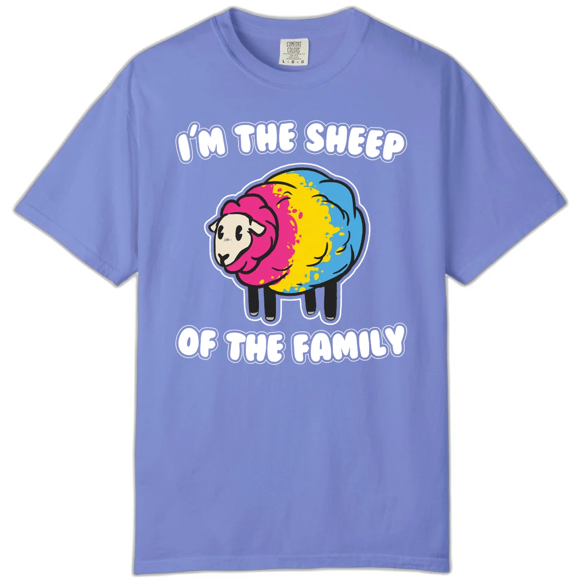 Colorful cartoon sheep with rainbow wool and text 'I'm the sheep of the family' - humorous family joke design in Flo Blue