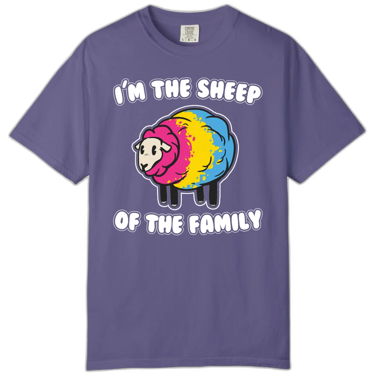 Colorful cartoon sheep with rainbow wool and text 'I'm the sheep of the family' - humorous family joke design in Grape