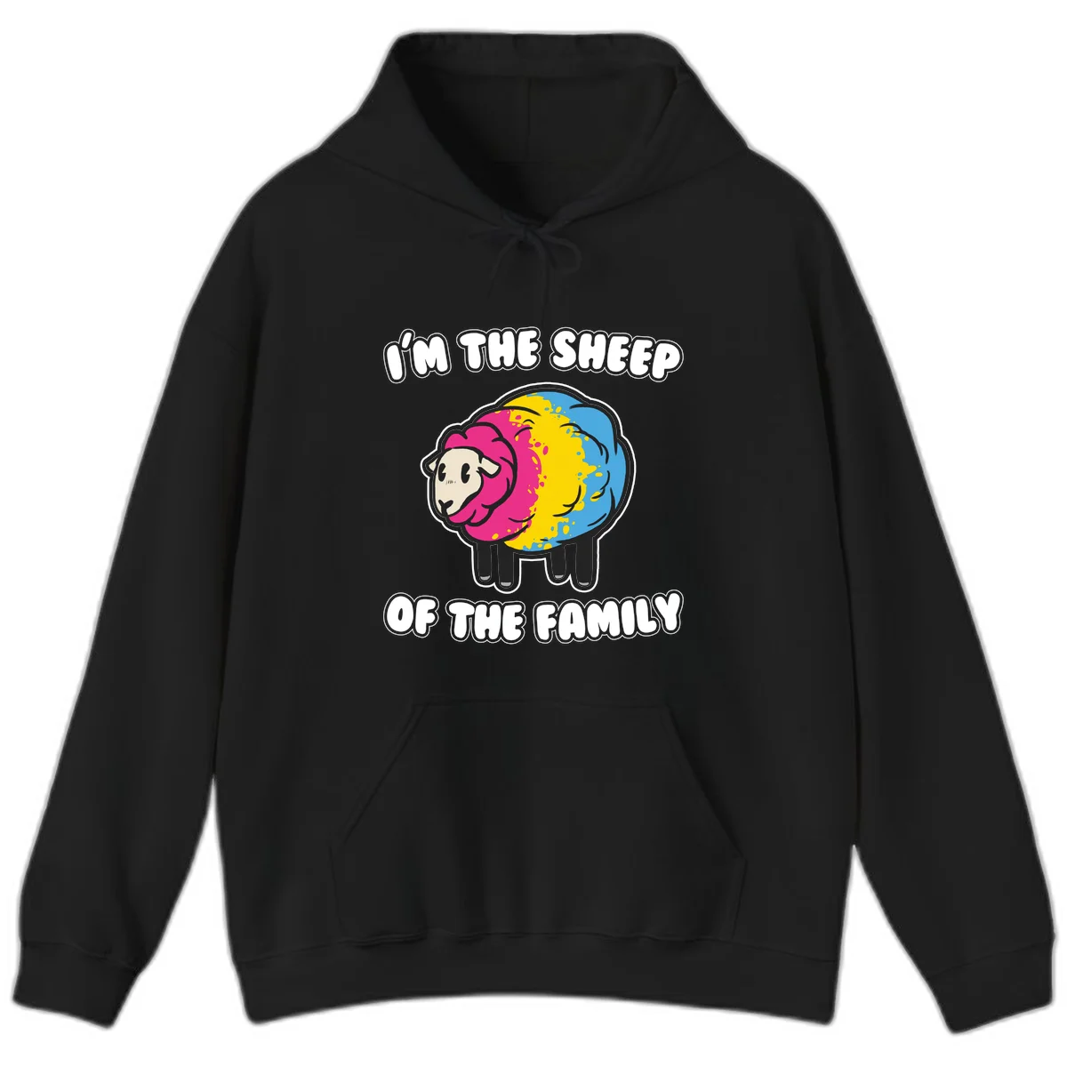 Colorful cartoon sheep with rainbow wool and text 'I'm the sheep of the family' - humorous family joke design in Black