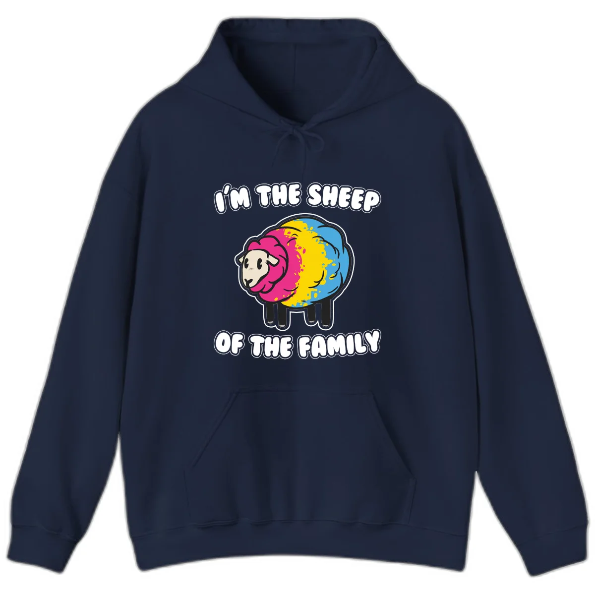 Colorful cartoon sheep with rainbow wool and text 'I'm the sheep of the family' - humorous family joke design in Navy