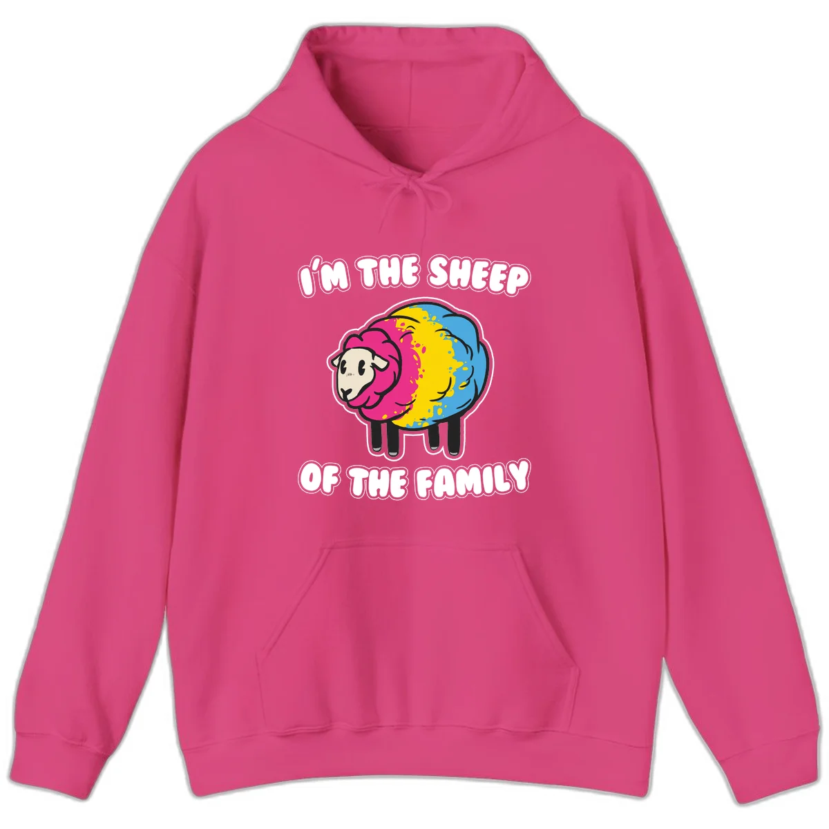 Colorful cartoon sheep with rainbow wool and text 'I'm the sheep of the family' - humorous family joke design in Heliconia