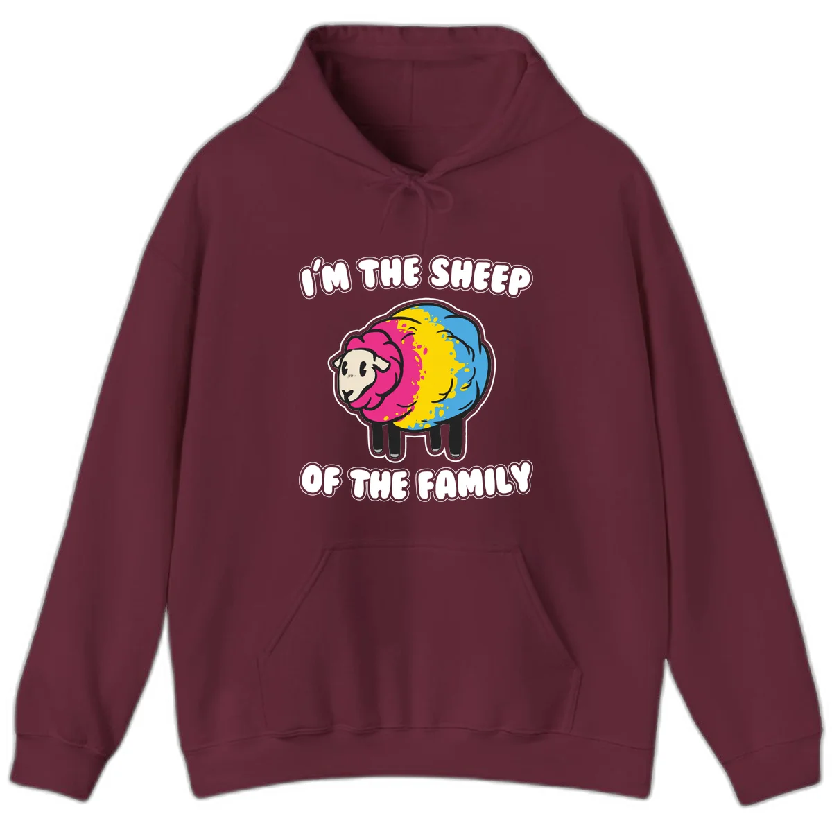 Colorful cartoon sheep with rainbow wool and text 'I'm the sheep of the family' - humorous family joke design in Maroon