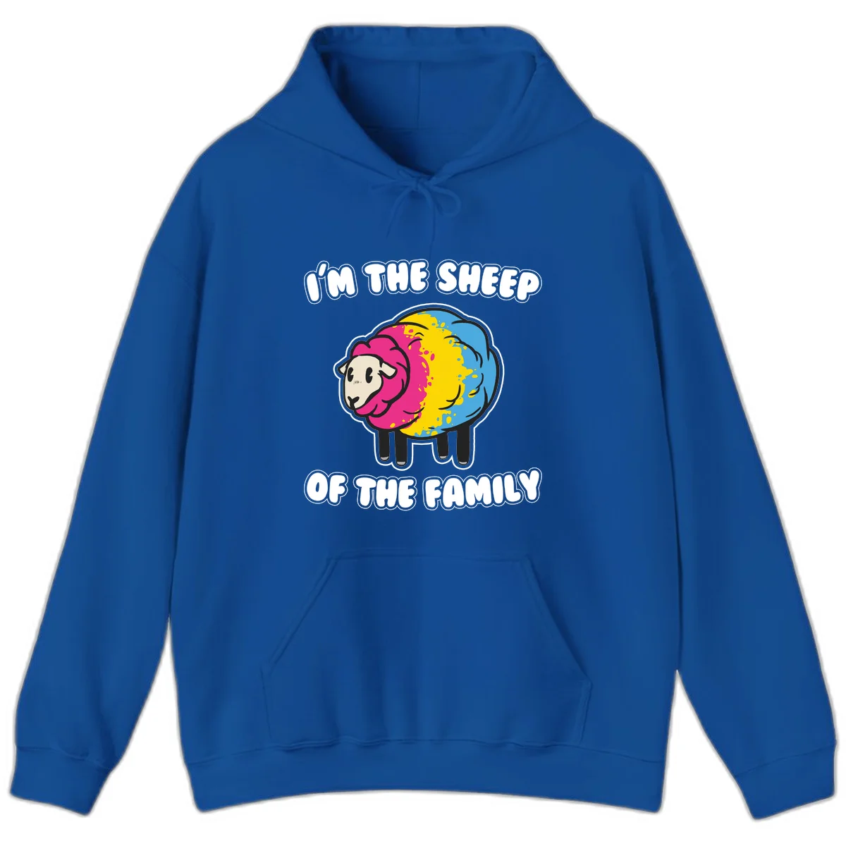 Colorful cartoon sheep with rainbow wool and text 'I'm the sheep of the family' - humorous family joke design in Royal