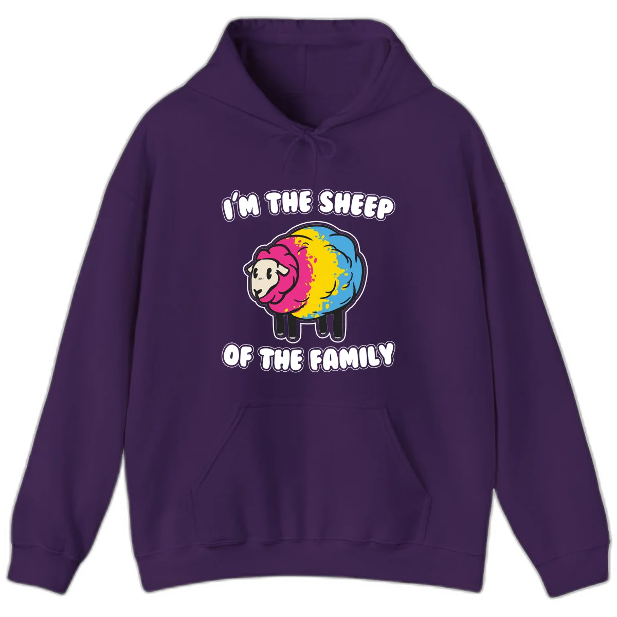 Colorful cartoon sheep with rainbow wool and text 'I'm the sheep of the family' - humorous family joke design in Purple