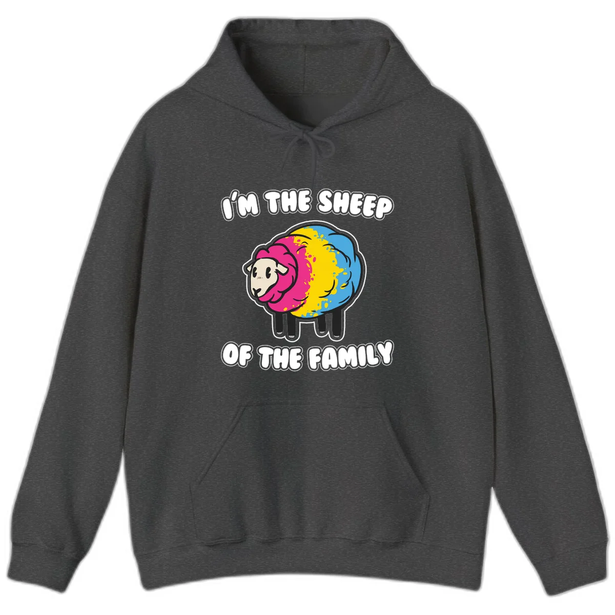 Colorful cartoon sheep with rainbow wool and text 'I'm the sheep of the family' - humorous family joke design in Dark Heather