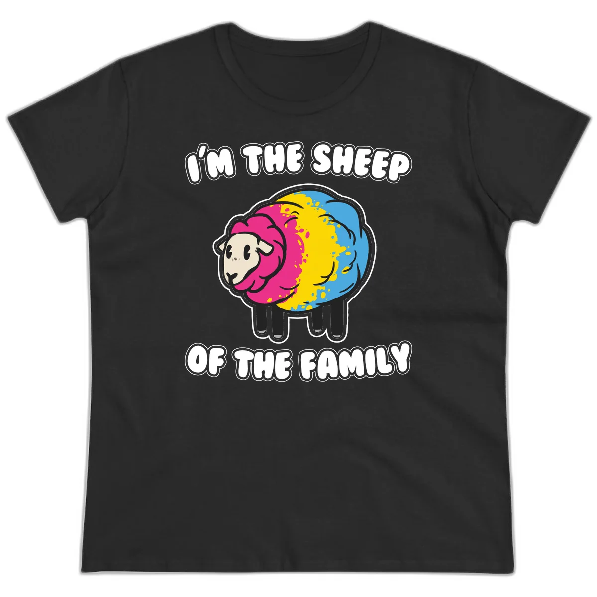 Colorful cartoon sheep with rainbow wool and text 'I'm the sheep of the family' - humorous family joke design in Black