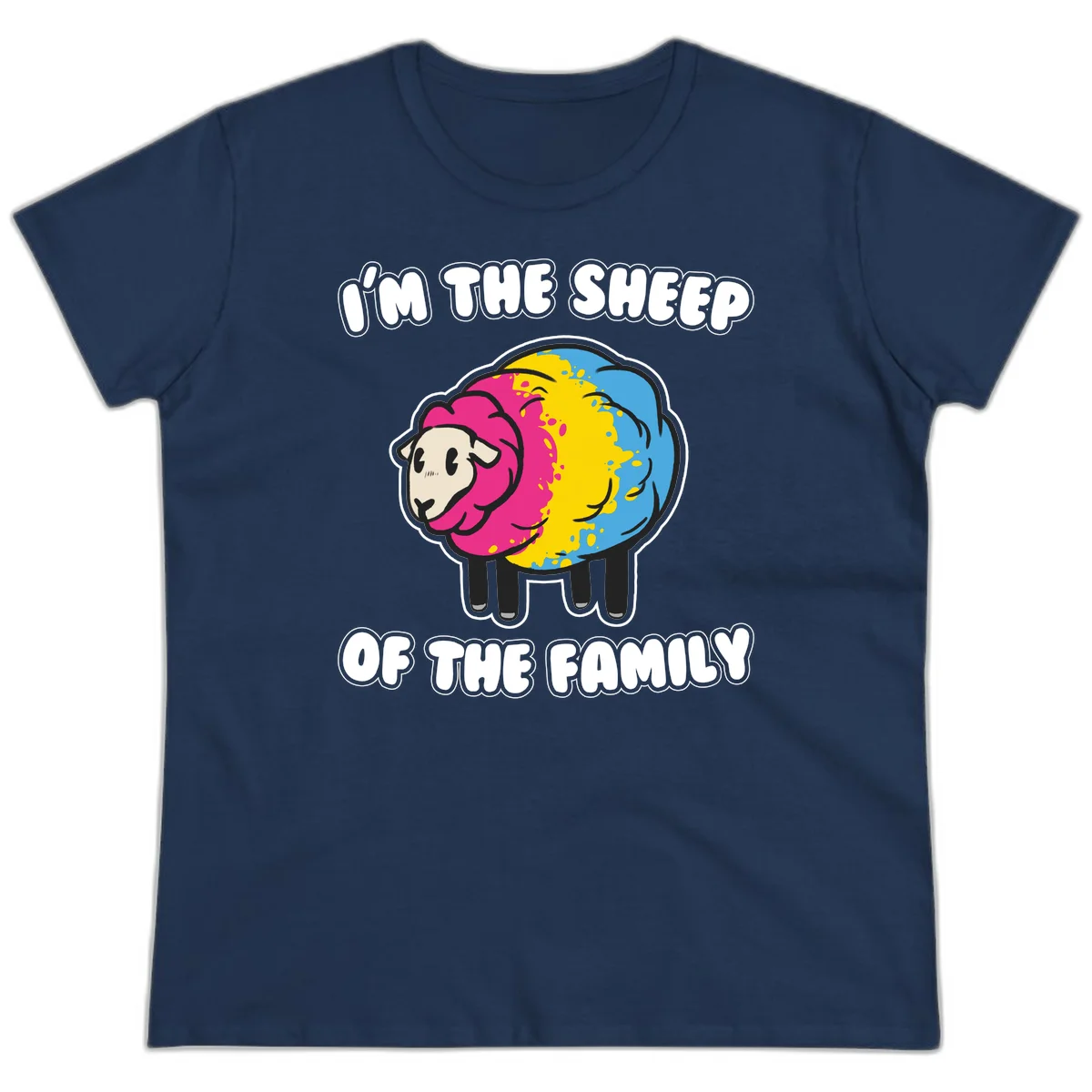 Colorful cartoon sheep with rainbow wool and text 'I'm the sheep of the family' - humorous family joke design in Navy