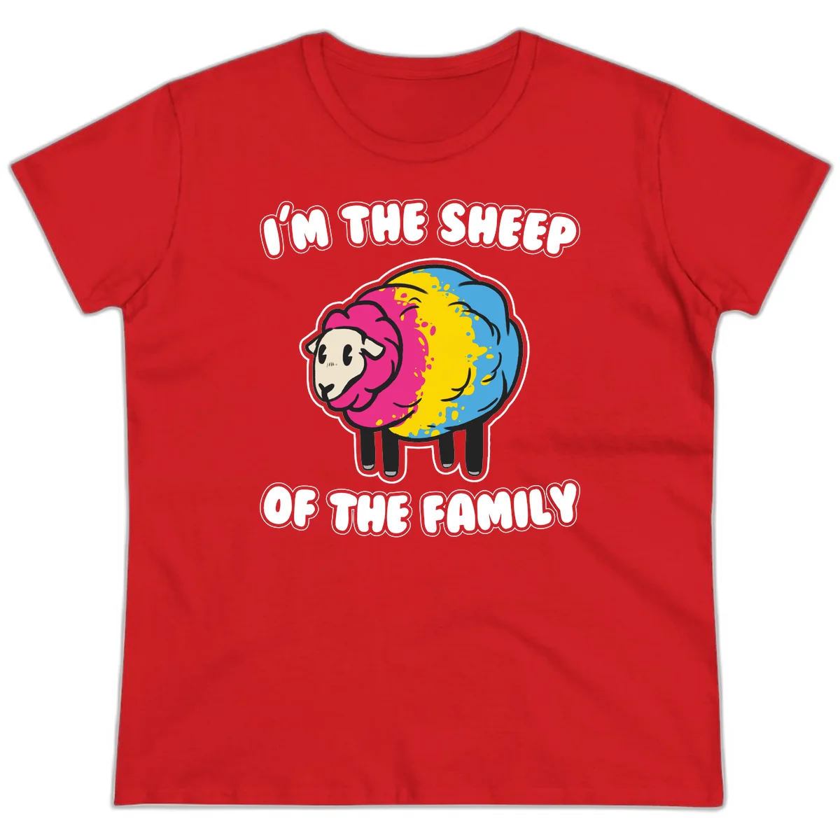 Colorful cartoon sheep with rainbow wool and text 'I'm the sheep of the family' - humorous family joke design in Red