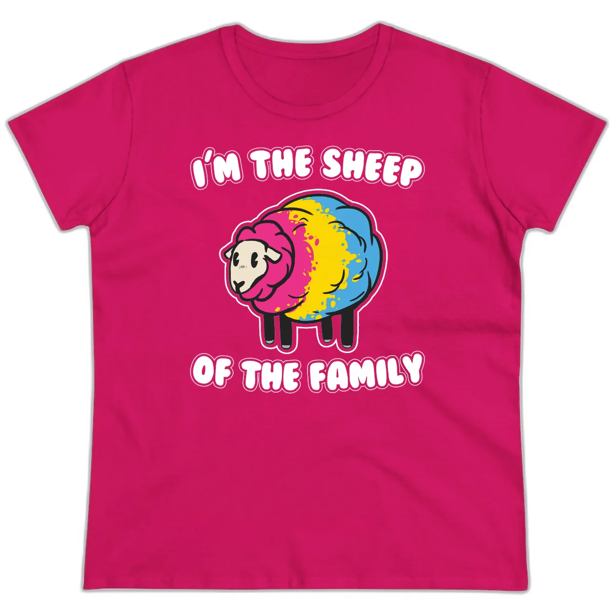Colorful cartoon sheep with rainbow wool and text 'I'm the sheep of the family' - humorous family joke design in Heliconia
