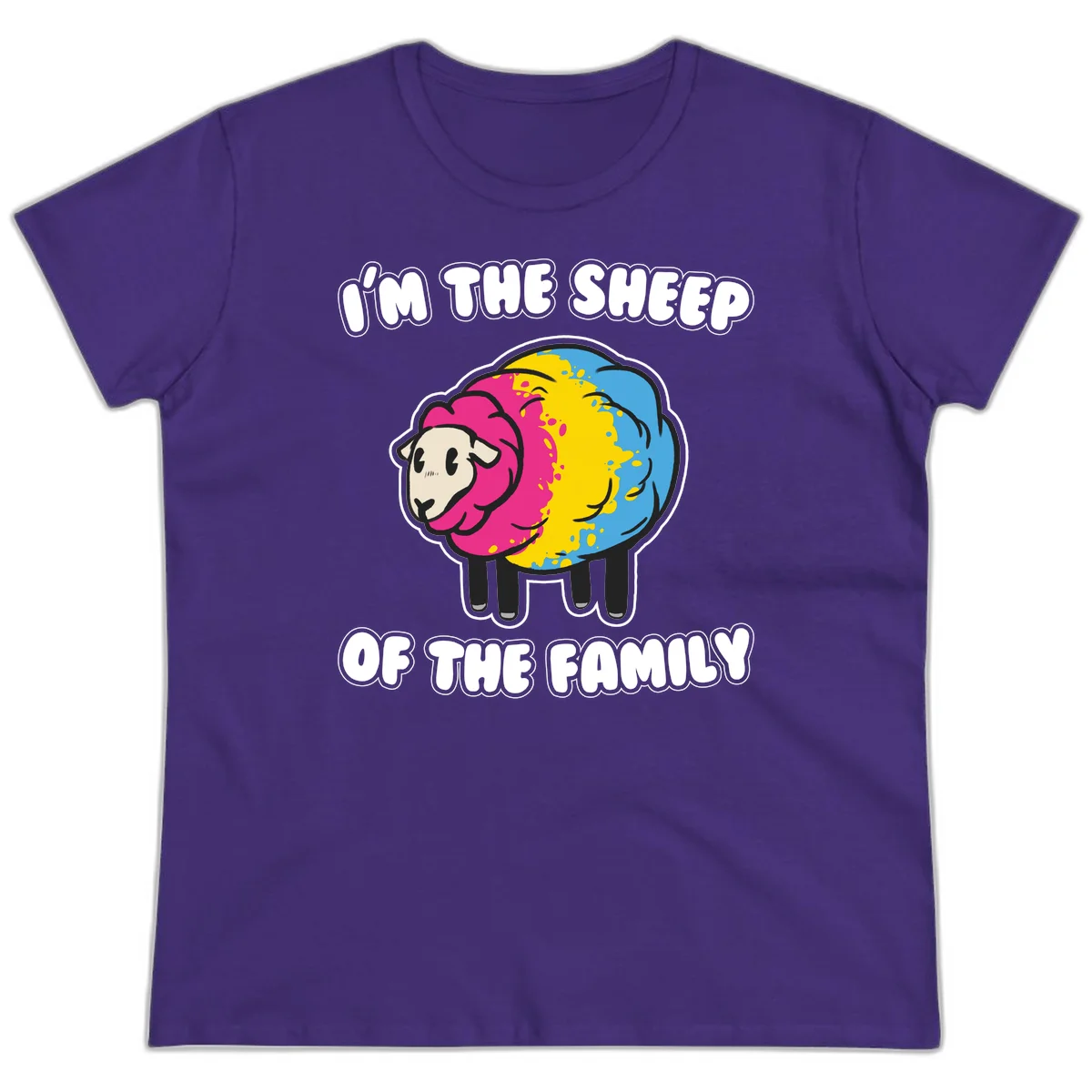 Colorful cartoon sheep with rainbow wool and text 'I'm the sheep of the family' - humorous family joke design in Purple
