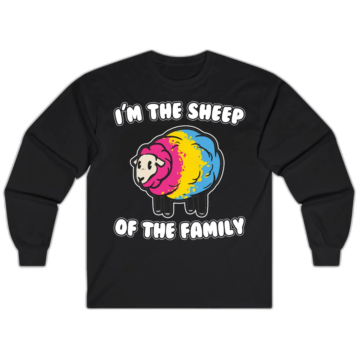 Colorful cartoon sheep with rainbow wool and text 'I'm the sheep of the family' - humorous family joke design in Black