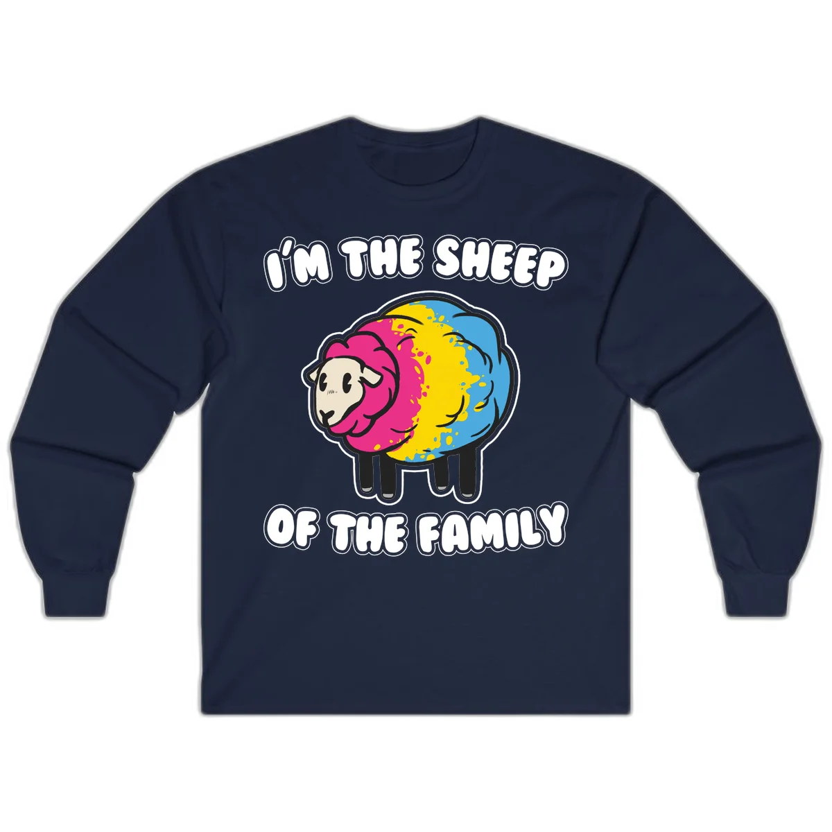 Colorful cartoon sheep with rainbow wool and text 'I'm the sheep of the family' - humorous family joke design in Navy