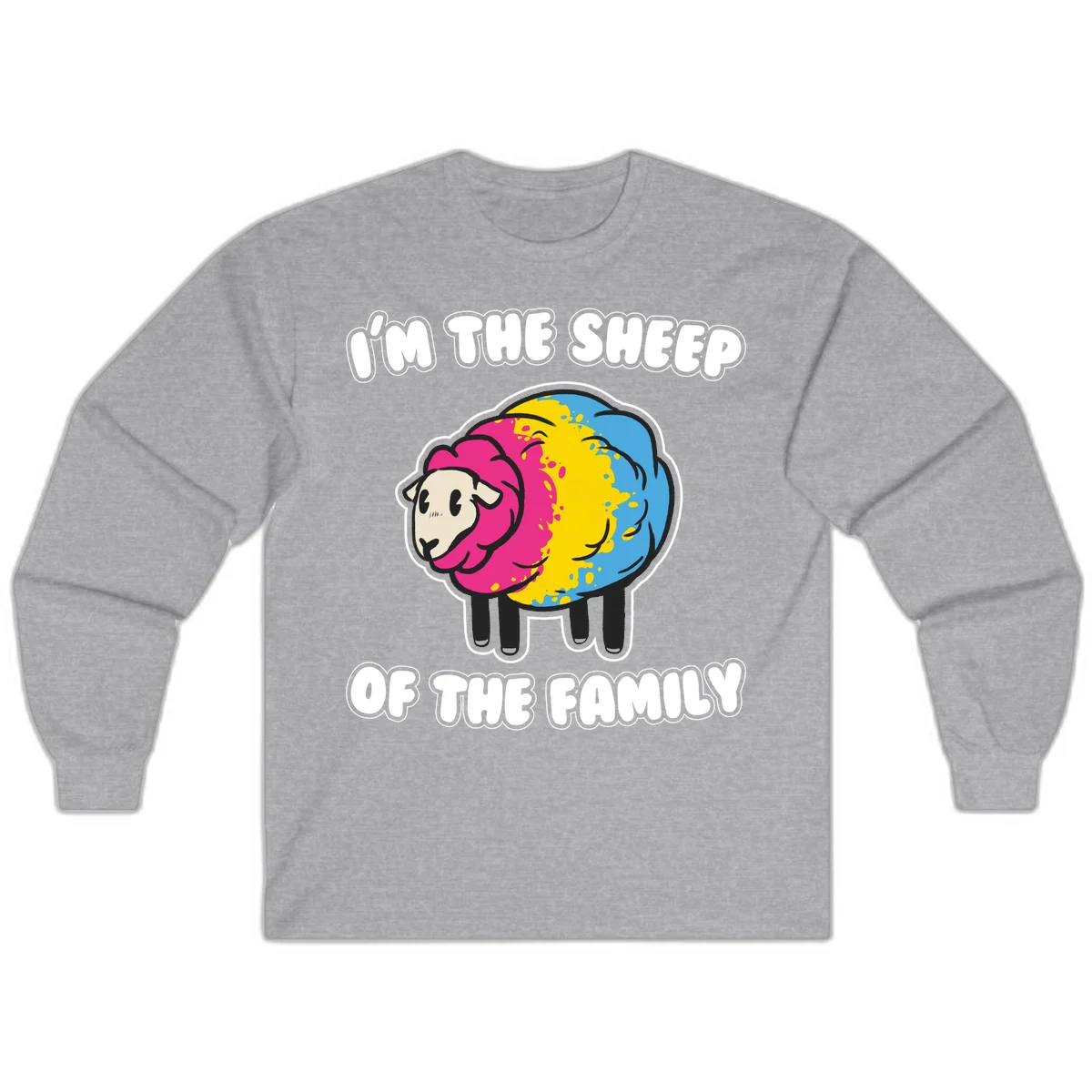 Colorful cartoon sheep with rainbow wool and text 'I'm the sheep of the family' - humorous family joke design in Sport Grey