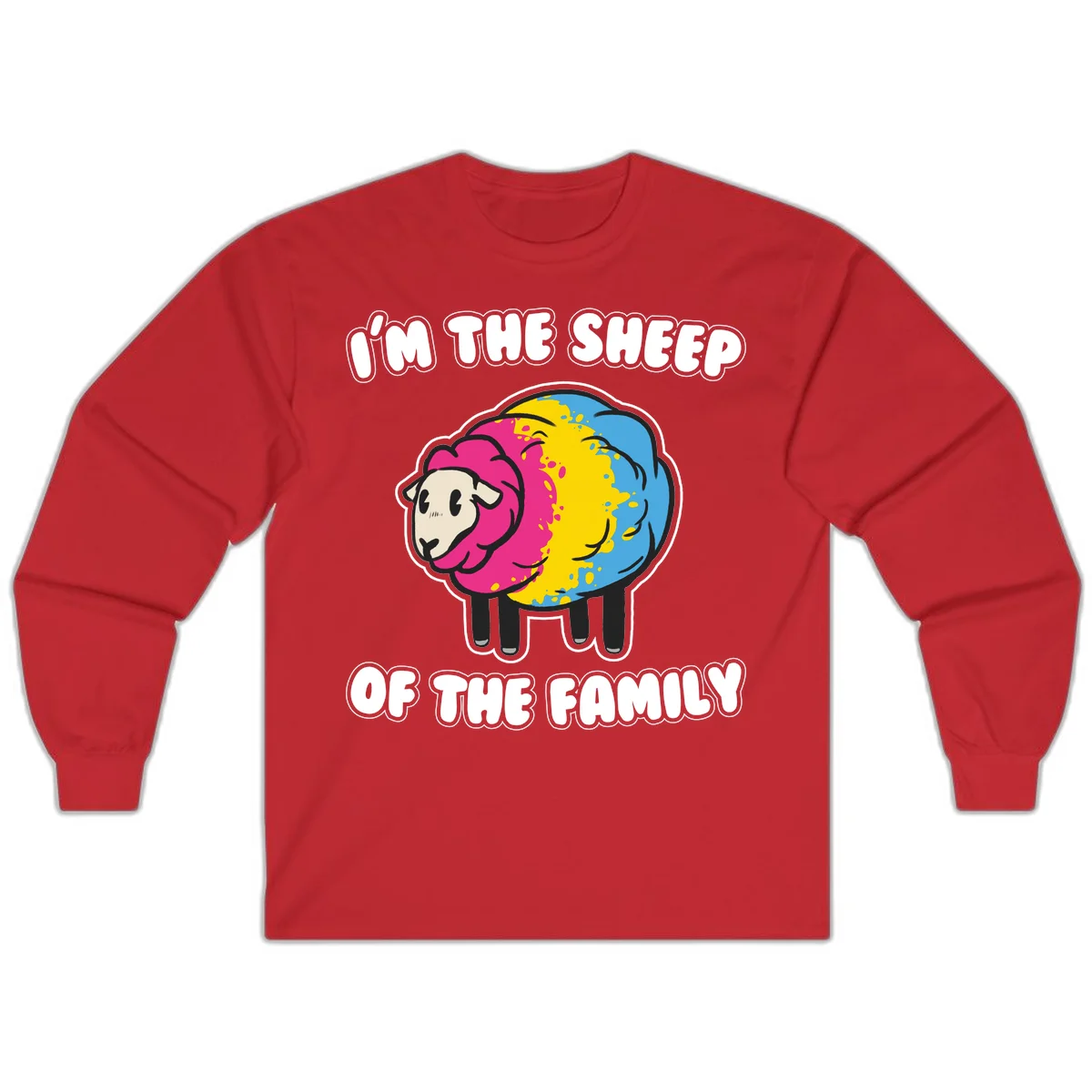 Colorful cartoon sheep with rainbow wool and text 'I'm the sheep of the family' - humorous family joke design in Red