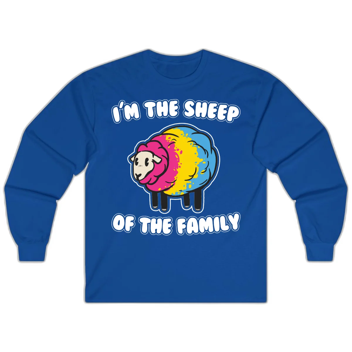 Colorful cartoon sheep with rainbow wool and text 'I'm the sheep of the family' - humorous family joke design in Royal