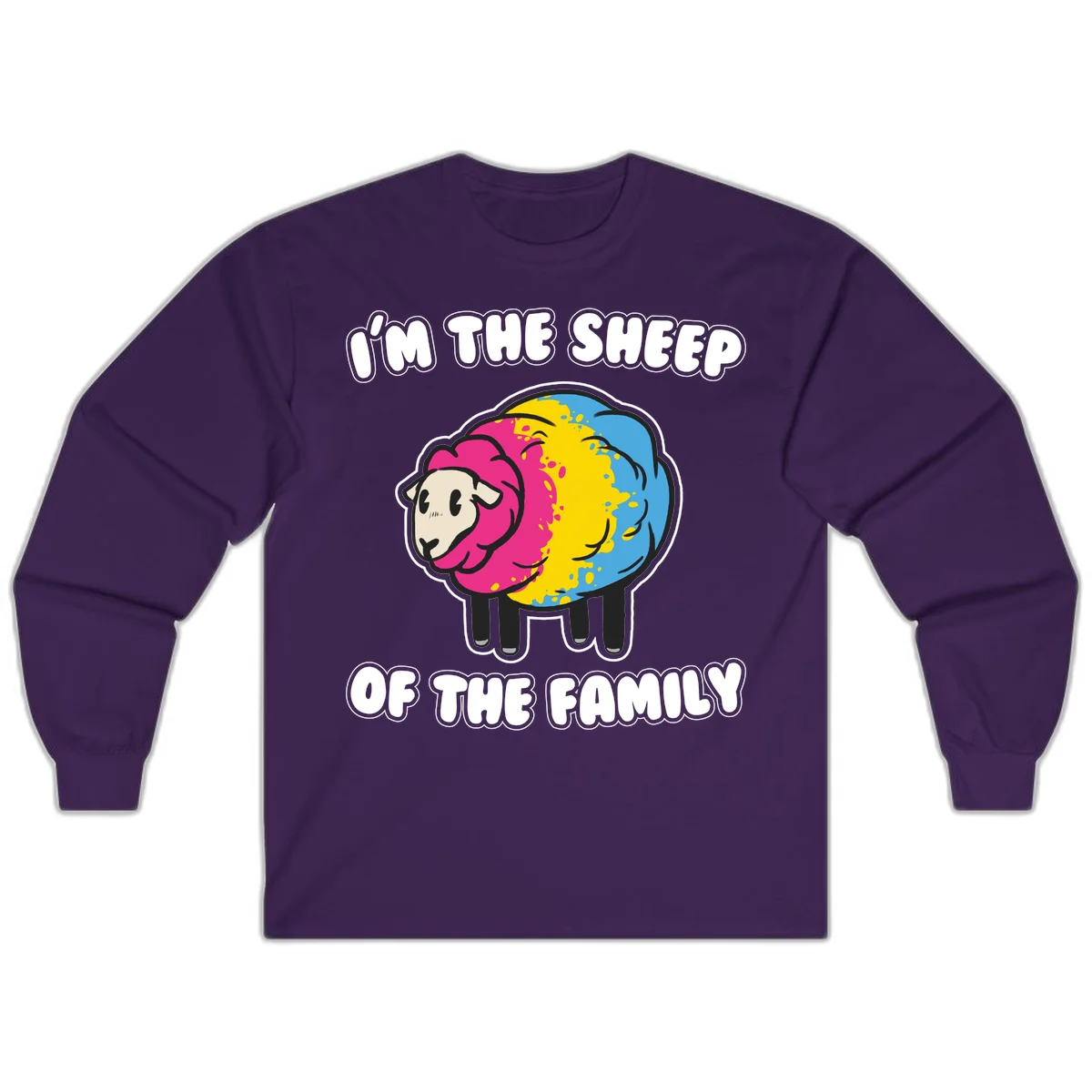 Colorful cartoon sheep with rainbow wool and text 'I'm the sheep of the family' - humorous family joke design in Purple