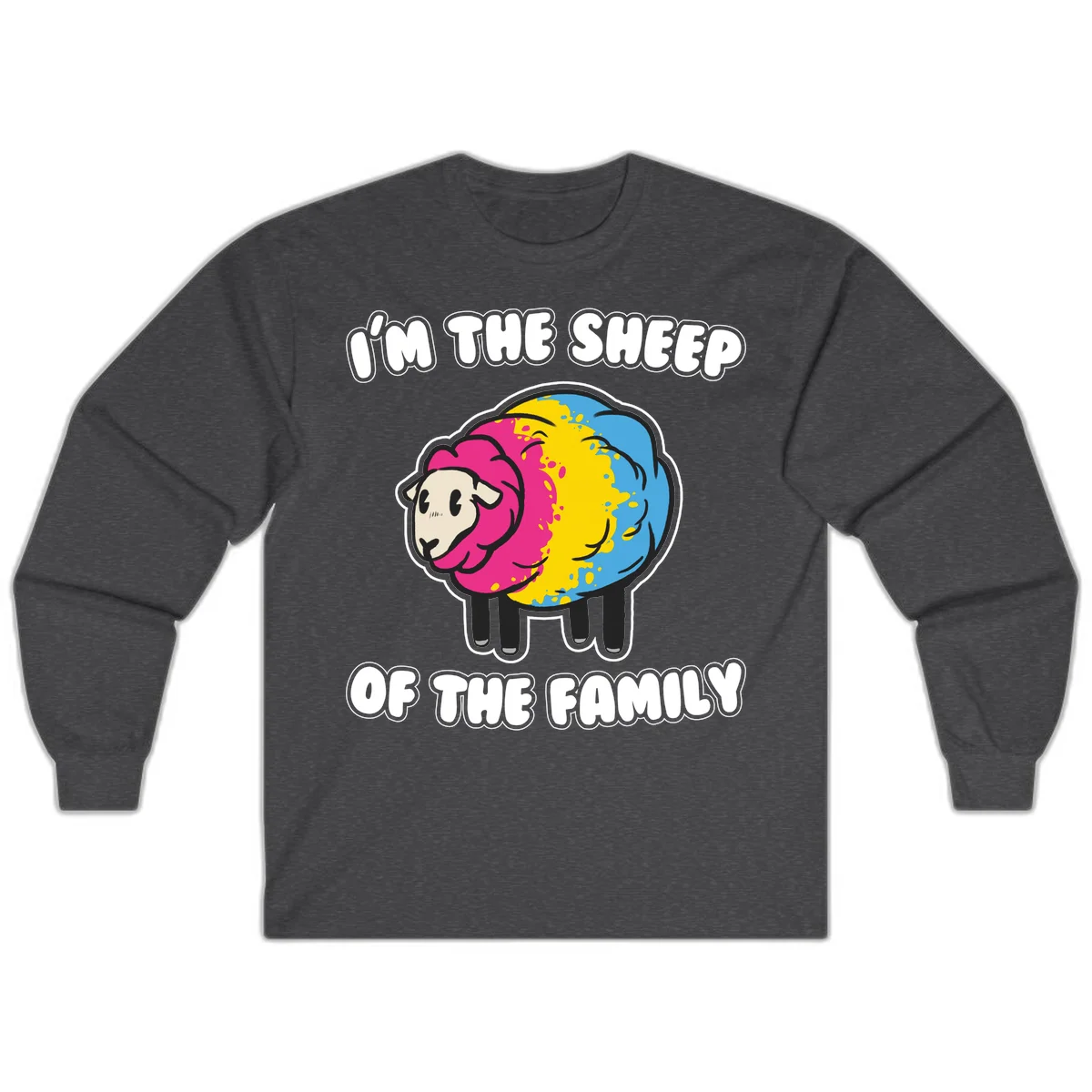 Colorful cartoon sheep with rainbow wool and text 'I'm the sheep of the family' - humorous family joke design in Dark Heather