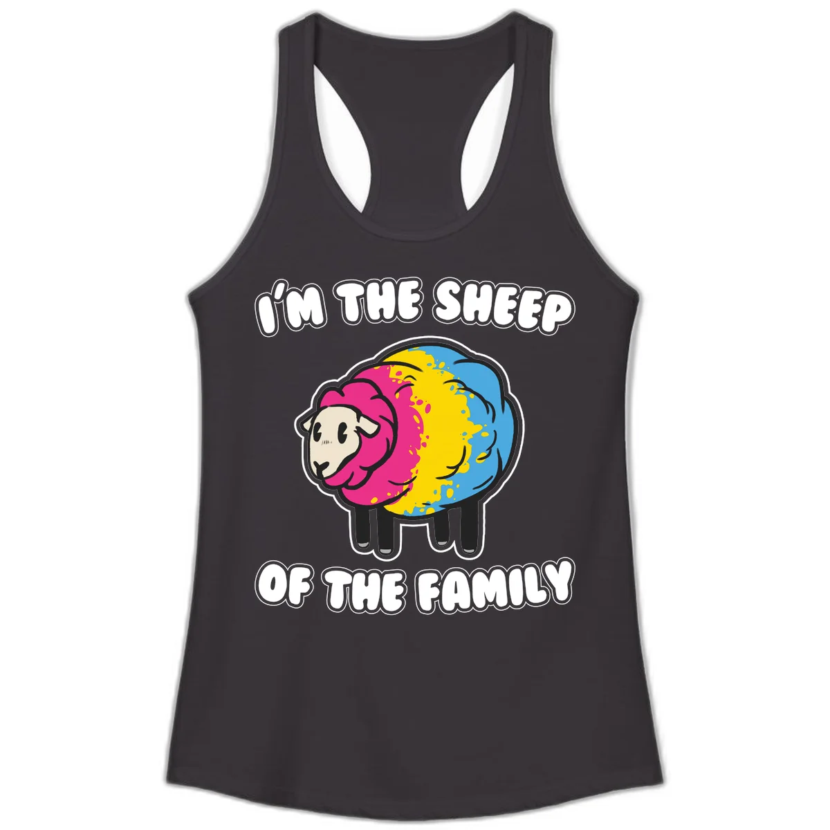 Colorful cartoon sheep with rainbow wool and text 'I'm the sheep of the family' - humorous family joke design in Black