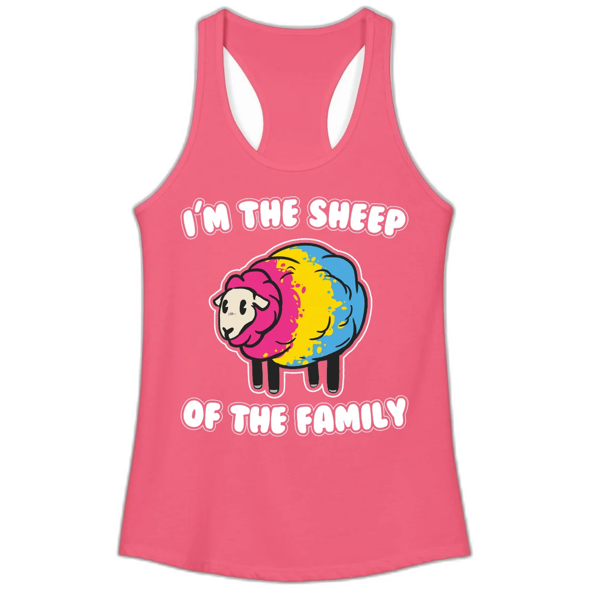 Colorful cartoon sheep with rainbow wool and text 'I'm the sheep of the family' - humorous family joke design in Hot Pink