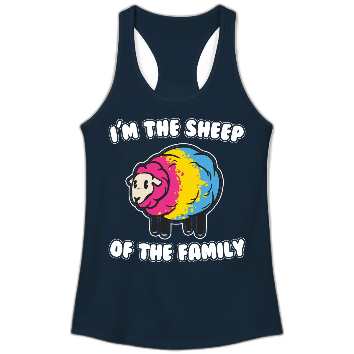 Colorful cartoon sheep with rainbow wool and text 'I'm the sheep of the family' - humorous family joke design in Solid Midnight Navy