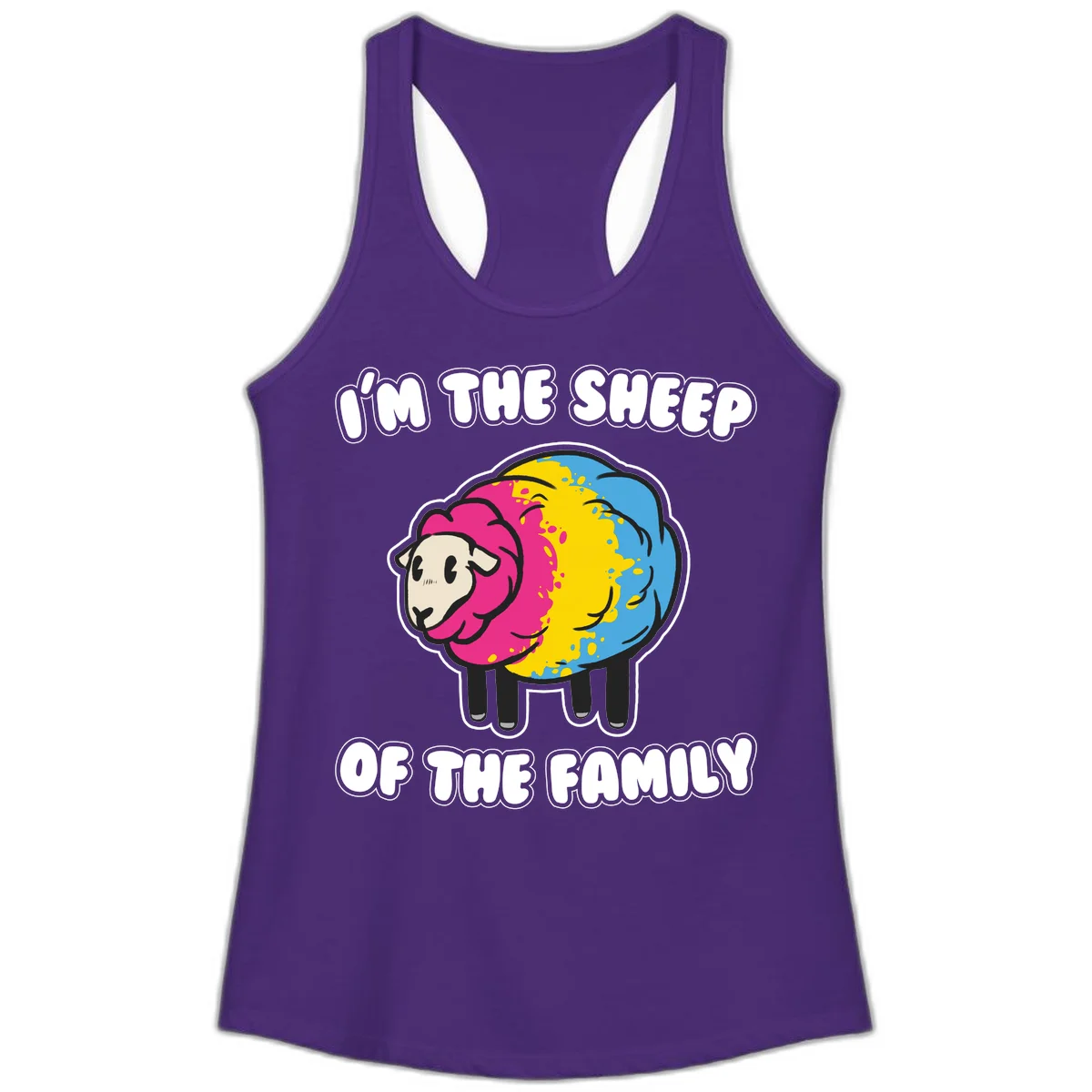 Colorful cartoon sheep with rainbow wool and text 'I'm the sheep of the family' - humorous family joke design in Solid Purple Rush
