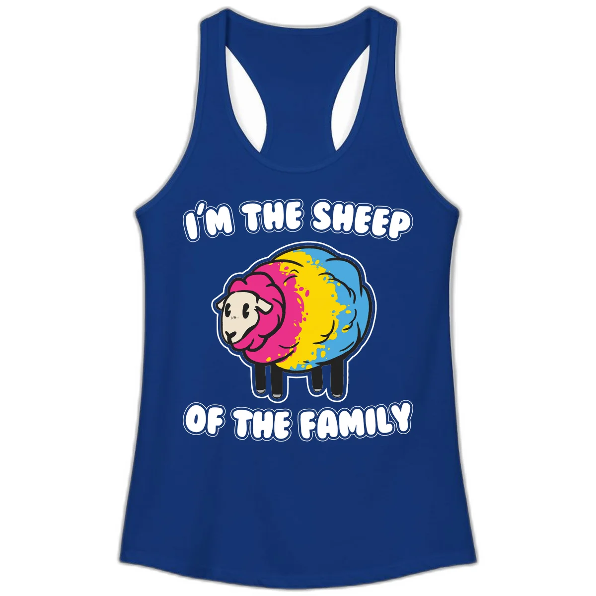Colorful cartoon sheep with rainbow wool and text 'I'm the sheep of the family' - humorous family joke design in Solid Royal