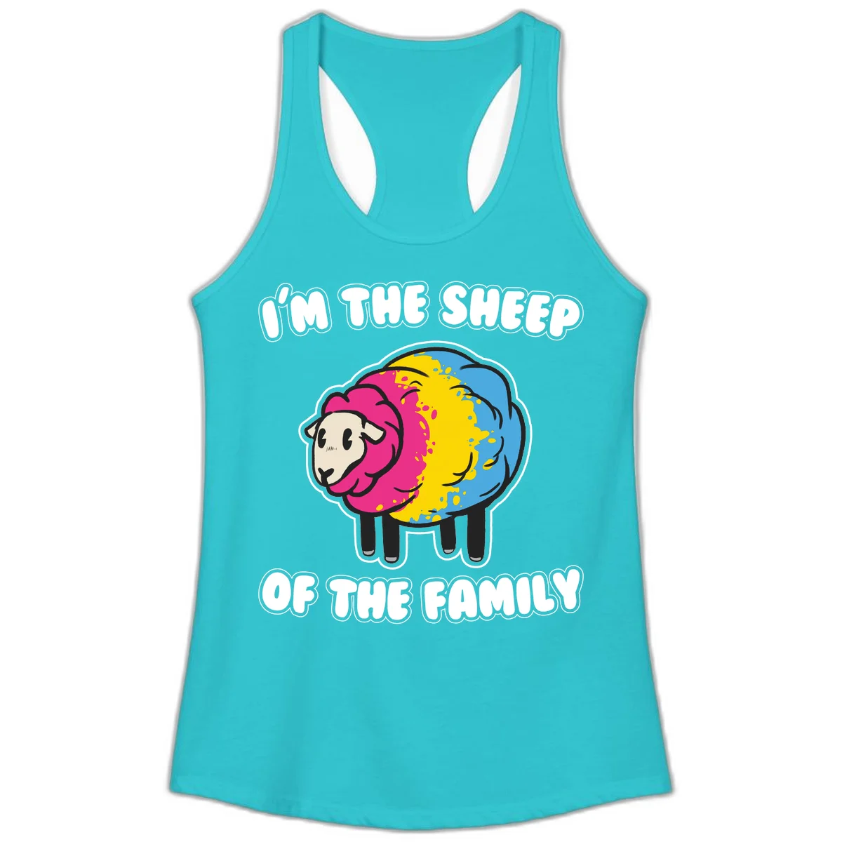 Colorful cartoon sheep with rainbow wool and text 'I'm the sheep of the family' - humorous family joke design in Solid Tahiti Blue