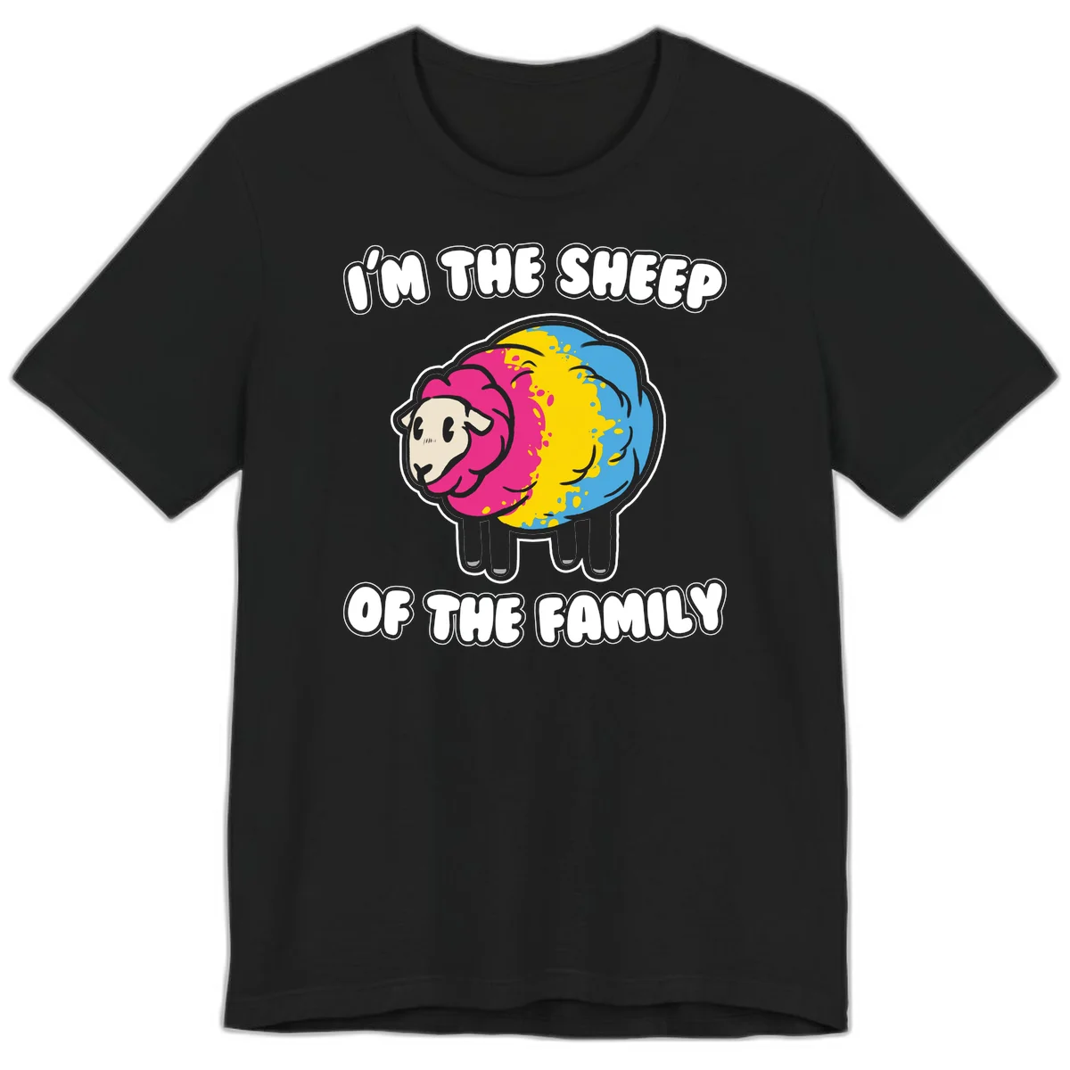 Colorful cartoon sheep with rainbow wool and text 'I'm the sheep of the family' - humorous family joke design in Black