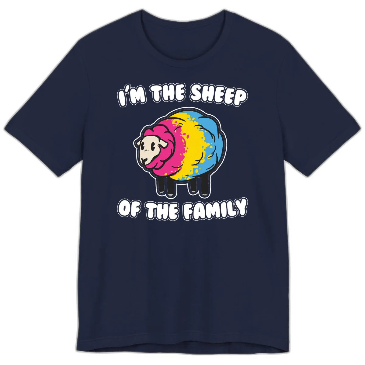 Colorful cartoon sheep with rainbow wool and text 'I'm the sheep of the family' - humorous family joke design in Navy