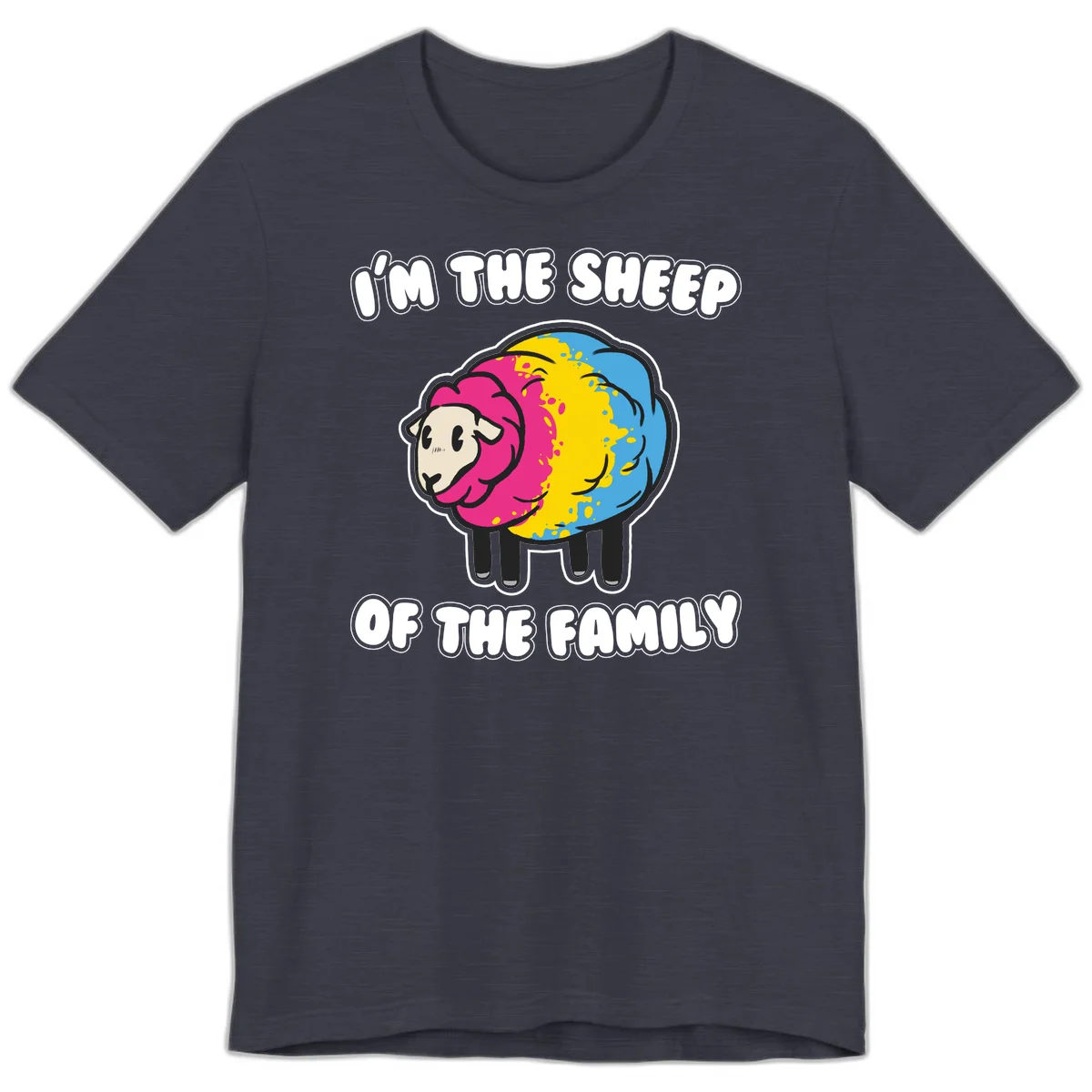 Colorful cartoon sheep with rainbow wool and text 'I'm the sheep of the family' - humorous family joke design in Heather Midnight Navy