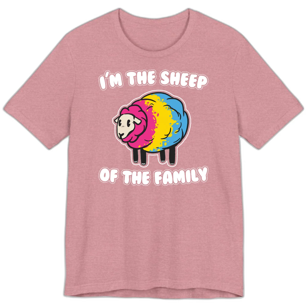 Colorful cartoon sheep with rainbow wool and text 'I'm the sheep of the family' - humorous family joke design in Heather Orchid