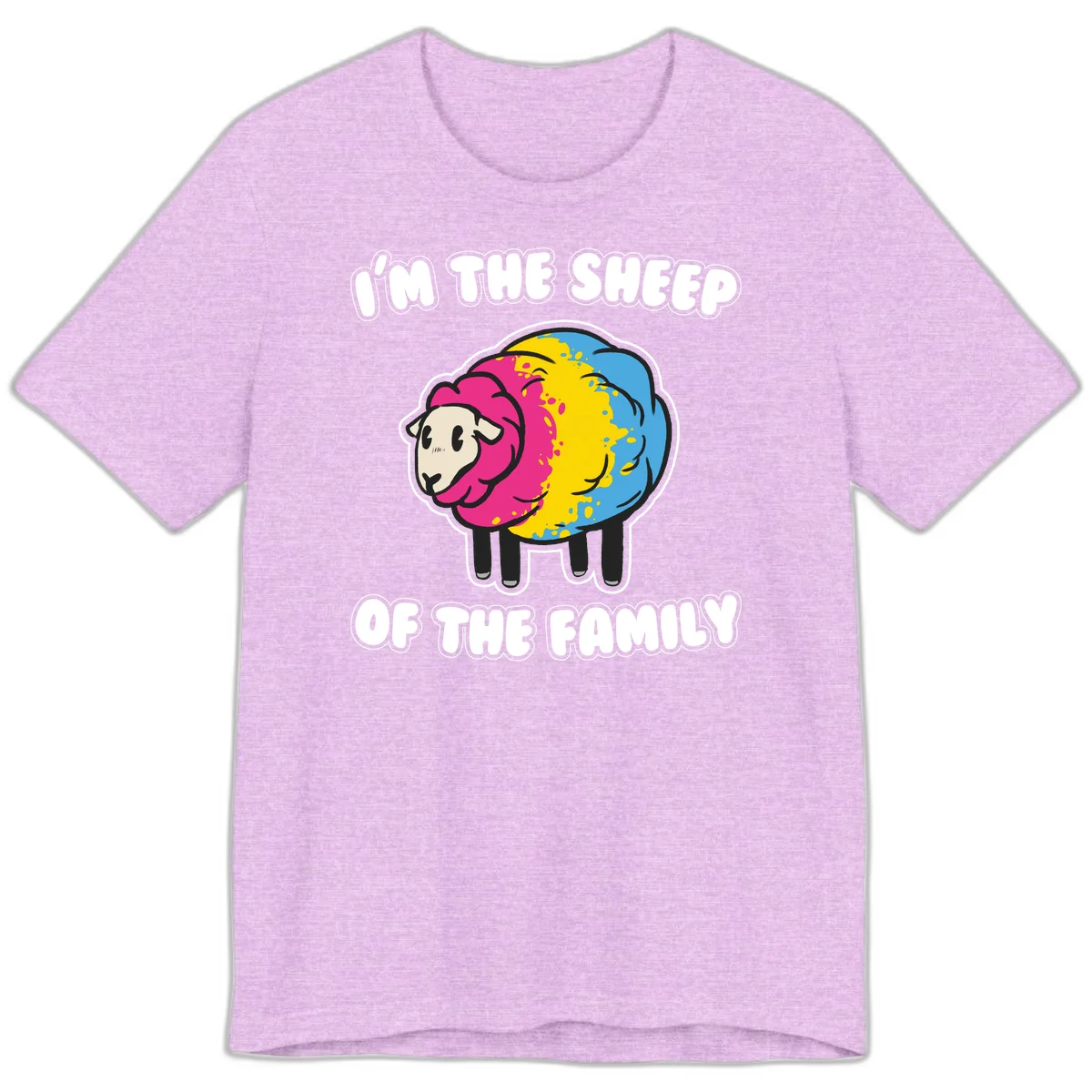 Colorful cartoon sheep with rainbow wool and text 'I'm the sheep of the family' - humorous family joke design in Heather Prism Lilac