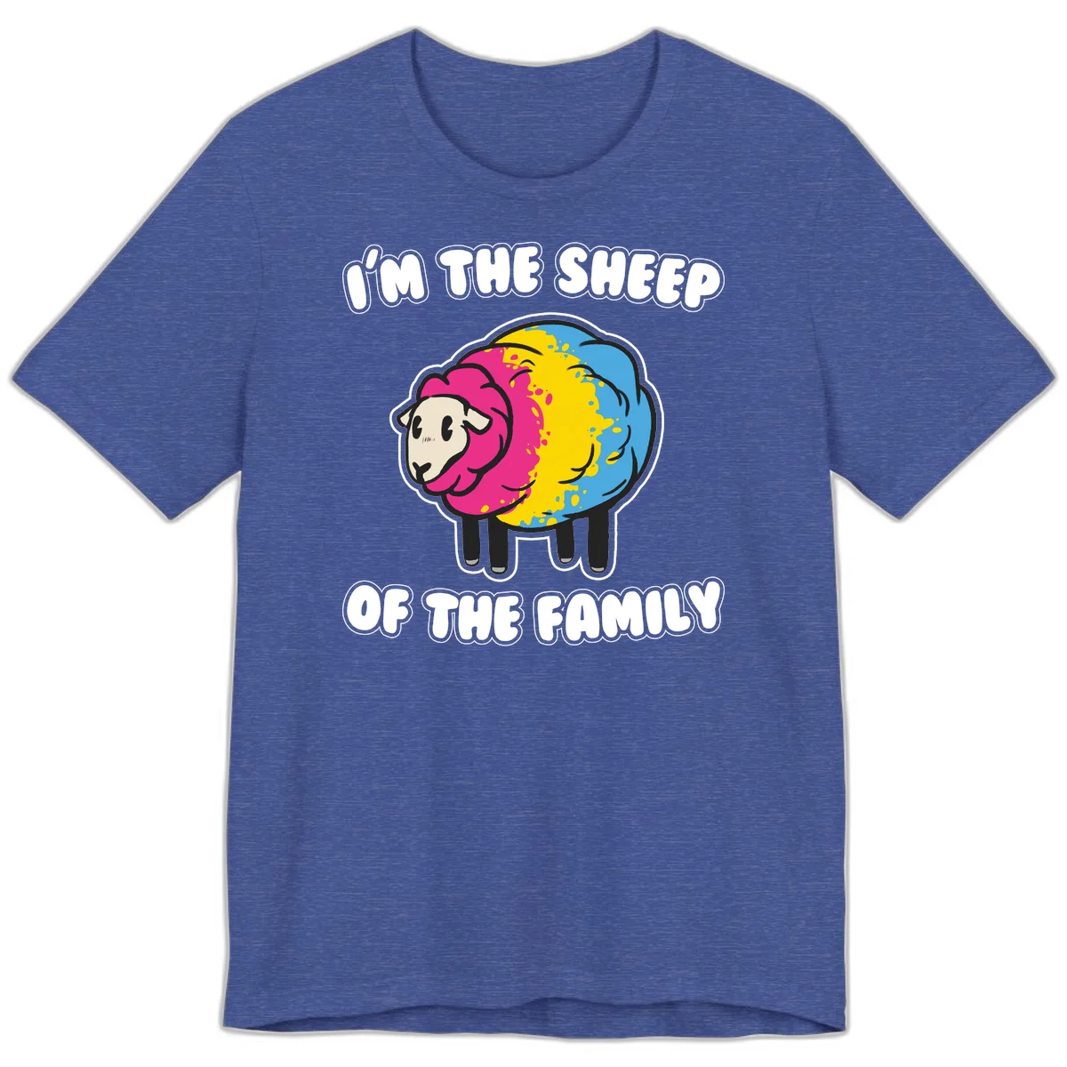 Colorful cartoon sheep with rainbow wool and text 'I'm the sheep of the family' - humorous family joke design in Heather True Royal
