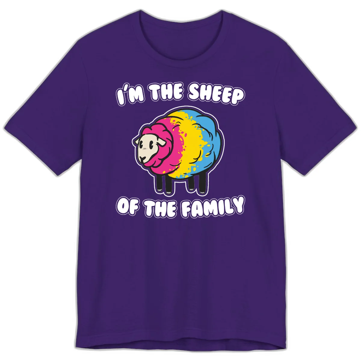 Colorful cartoon sheep with rainbow wool and text 'I'm the sheep of the family' - humorous family joke design in Team Purple